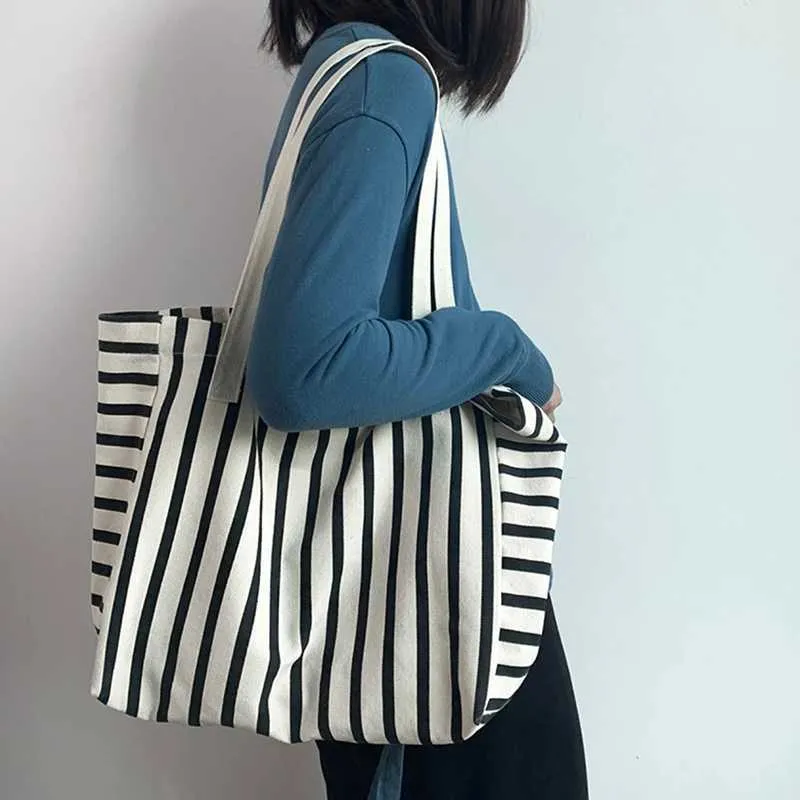 New Beach Handbag Fi Wen Canvas Summer Large Capacity Strip Shopping Bag Y241109_voghion.com