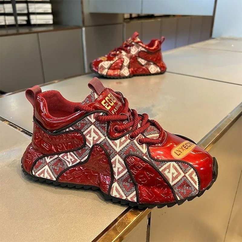 Clunky Soft-Soled New Men's Breathable Thick-sole Heightened Athleisure Trend Shoes Red Free shipping Lhshoe_voghion.com