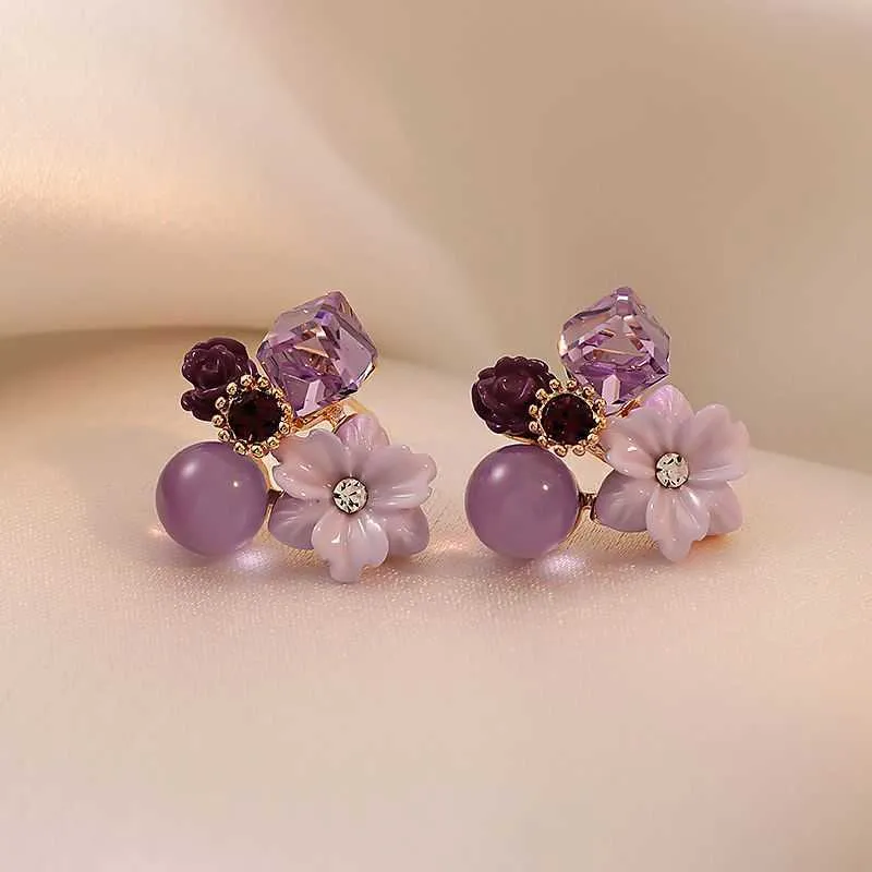 Charm 2022 Bijoux de mode coréens Noble Violet Cristal Fleur d Boucles d'oreilles pour femme Fête de mariage Filles Élégance Ensemble_voghion.com