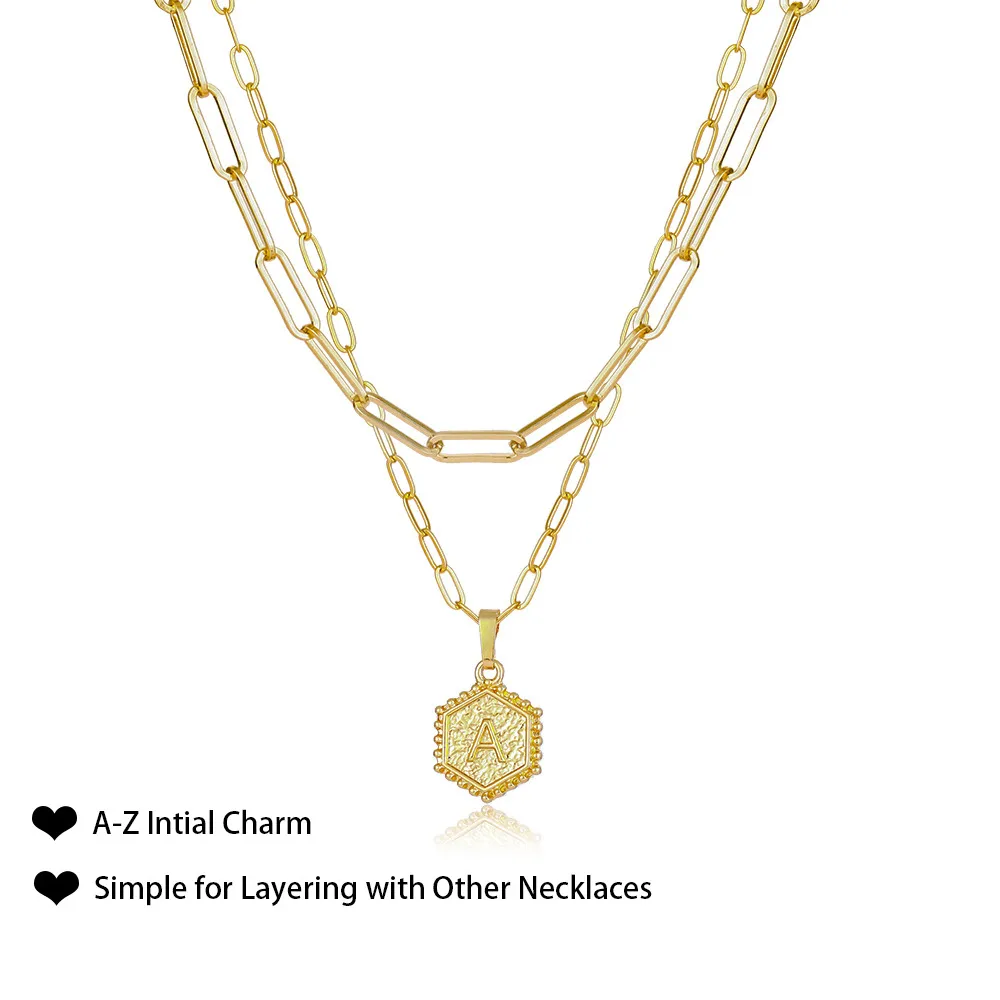 Colliers pendentifs délicats superposés avec initiales pour femmes, chaîne en or avec trombone, collier ras du cou simple avec lettres hexagonales_voghion.com
