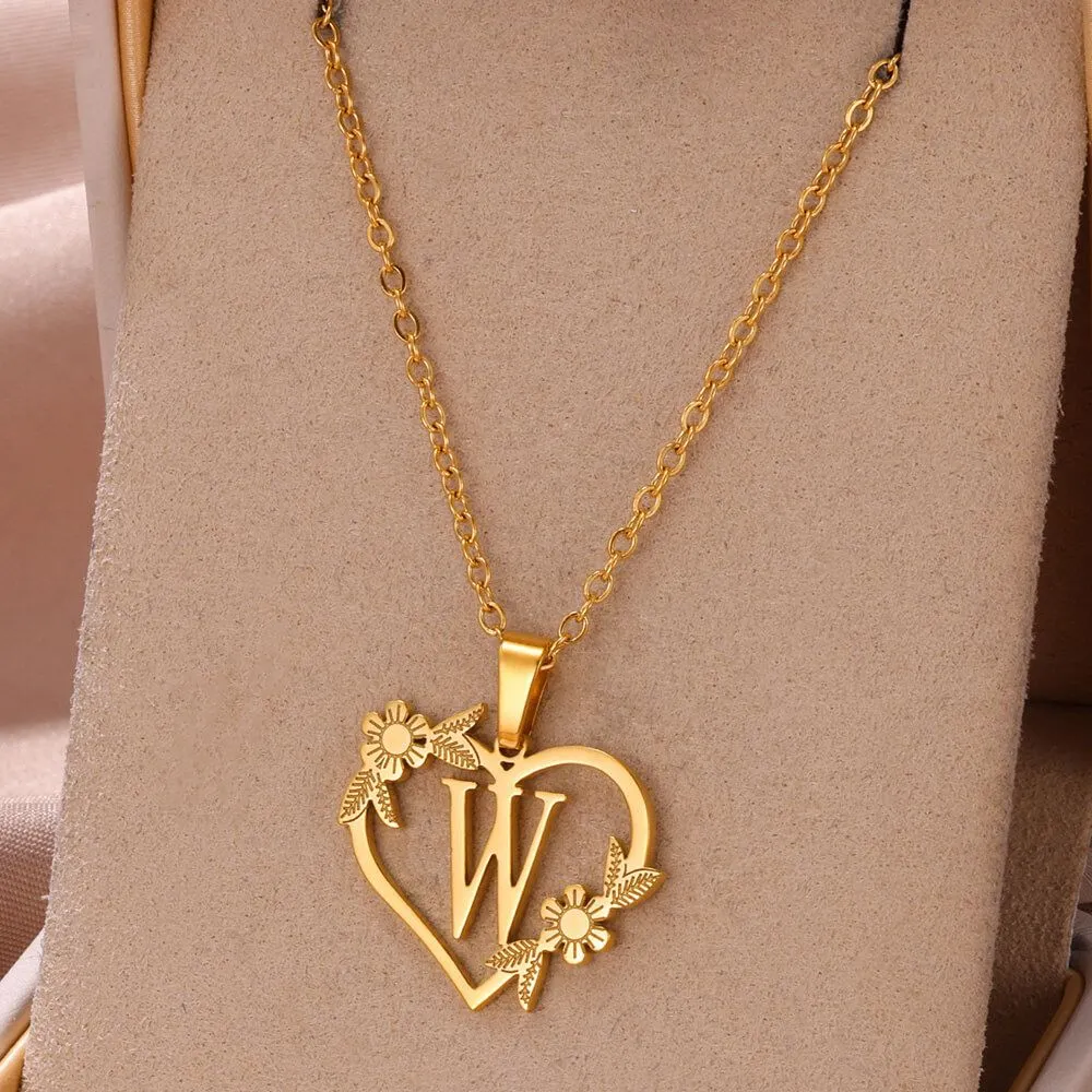 Collana con ciondolo a forma di cuore con lettere dalla A alla Z in acciaio inossidabile, placcata in oro vero, gioielli classici_voghion.com