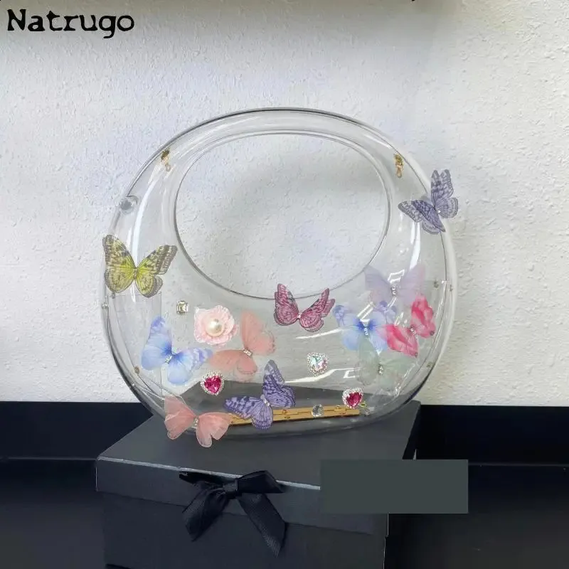 Borsa a tracolla in acrilico con decorazione a farfalla da donna, trasparente, per matrimonio, sera, festa, borsa rotonda 2024, borsa a mano 240907_voghion.com