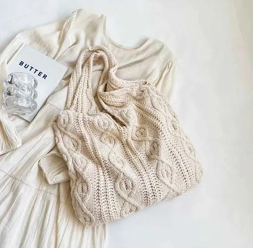 New Vintage Wool Knitted Hand Woven Shoulder Bag For Women Casual Shopping Handbag Large Capacity Female hetC241105_voghion.com