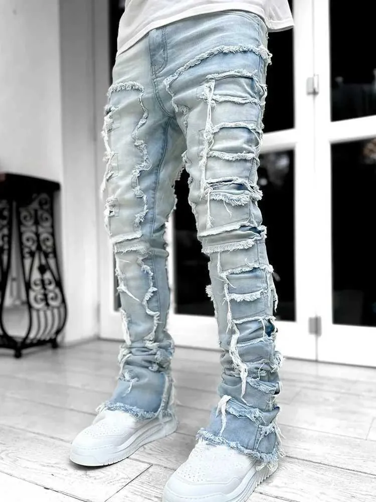 Mens Streetwear Ripped Jeans Fashionable Cool Stretch Pink Stacked Edge Denim Mens Y2K Punk Patch Work Hip-hop Pants_mkmklike.com