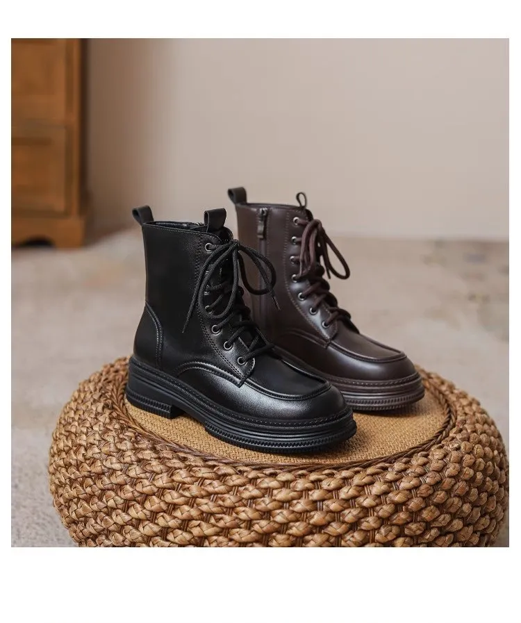 Genuine Leather Thick Soled Short Raised Round Toe Motorcycle Boots Plush Insulation Fashionable And Versatile_voghion.com