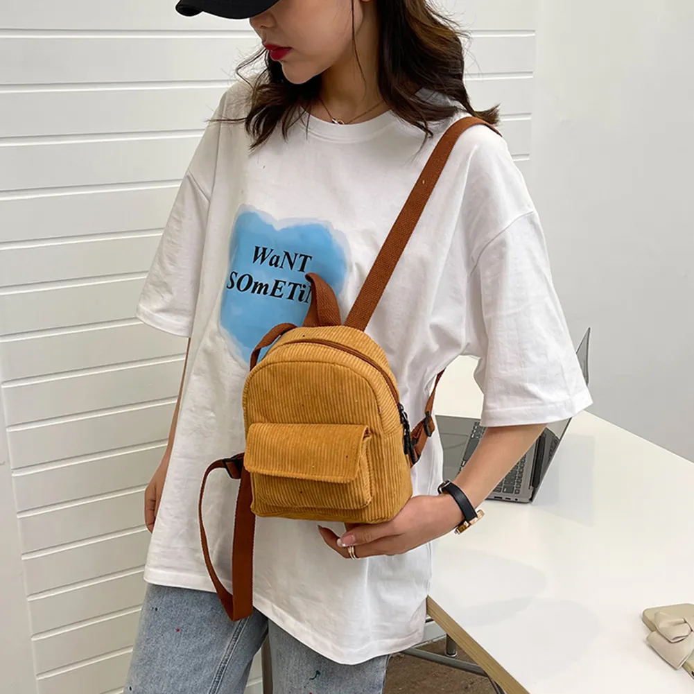 Fashion Women Mini Backpack Corduroy Solid Small Backpacks Simple Retro Casual Student Girls Bookbags Travel Pack_voghion.com
