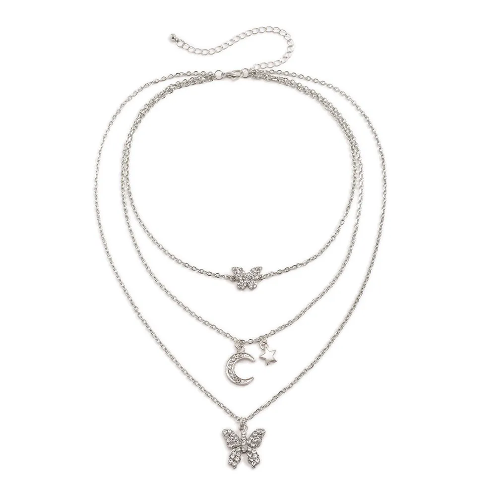 Colliers pendentifs mode bohème plaqué or argent couleur cristal papillon lune étoile collier pour femmes collier ras du cou multicouche_voghion.com