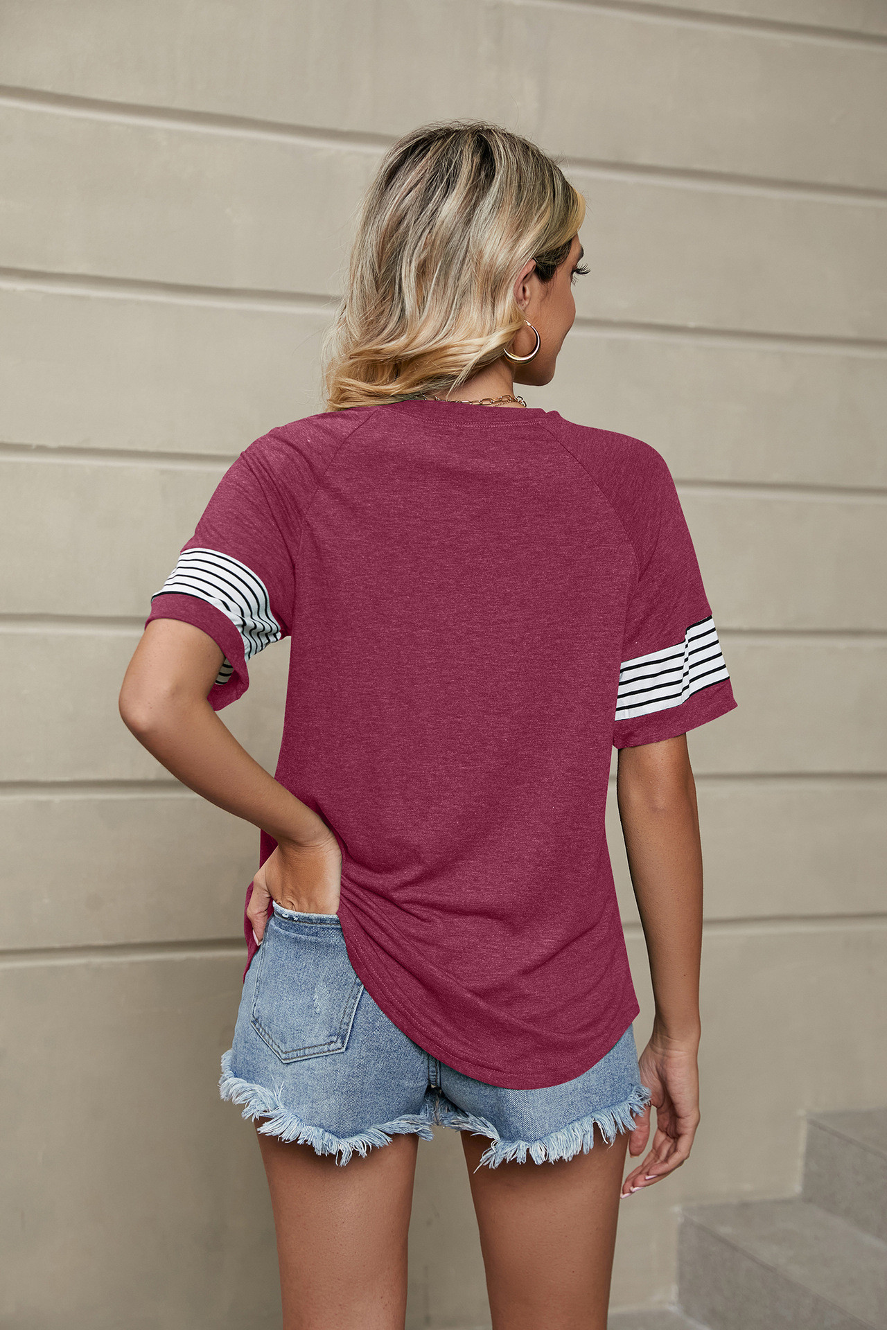 Women's Clothing Stripe Splice Loose Round Neck Short Sleeve T-shirt Tops_voghion.com