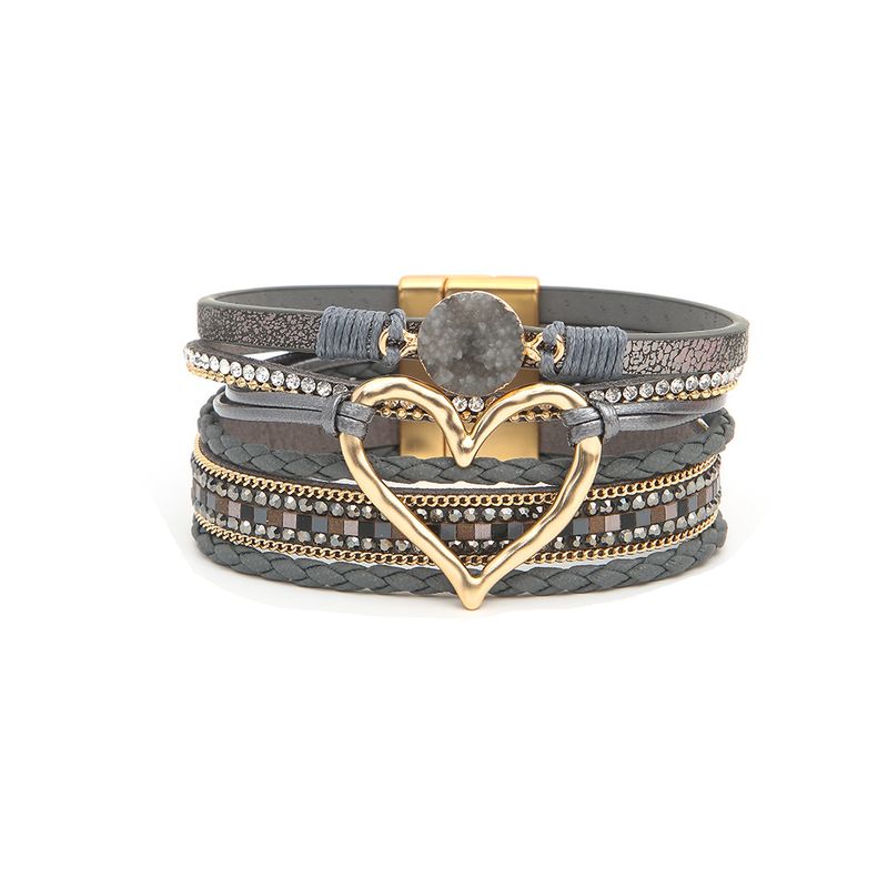 Bohemian Multi-layer Leather Handwoven Gold Big Love Ladies Bracelet_voghion.com