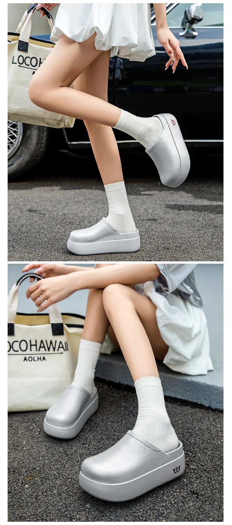 Dünne, silberne Pendlerschuhe mit mittelhohem Absatz, dicker Sohle, Taschenverschluss und Zehenkappe_voghion.com