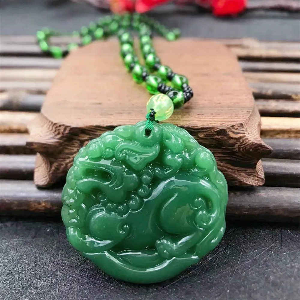 Pendant Necklaces Natural Fashion Green Jade Carved Kylin PiXiu Dragon Chinese Amulet Stone Necklace Woman Man's Party_voghion.com