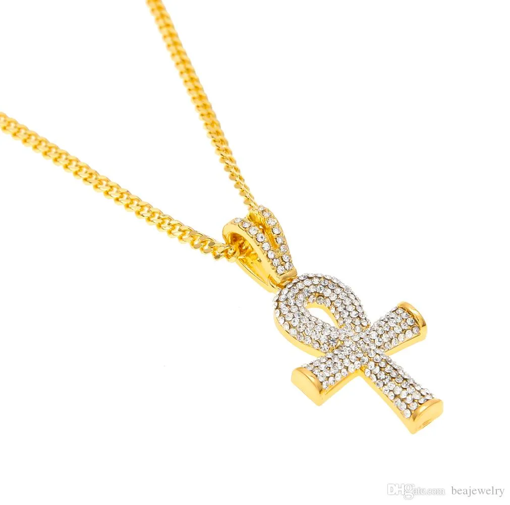 Neue Mode Ägyptischen Ankh Schlüssel des Lebens Bling Strass Kreuz mit Rot Rubin Anhänger Halskette Set Männer Hip Hop Schmuck Geschenk_voghion.com