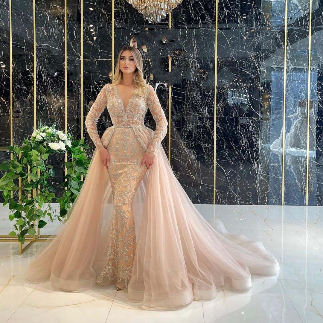 Women's wedding dress temperament bride trailing French simple long-sleeved dress