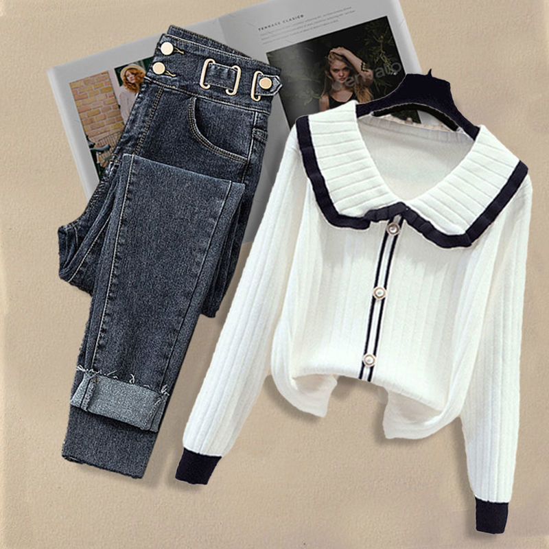 Women’s Clothing New Fashion Loose Letter Hooded Knitted Jacket Jeans Two Piece Suit