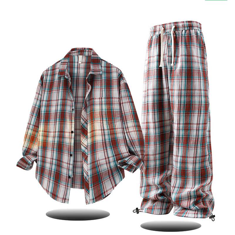 Conjunto de camisa e calça masculina inspirado – calça xadrez de manga comprida com botões e calça casual (roupa de rua retrô para adolescentes e jovens adultos)_voghion.com
