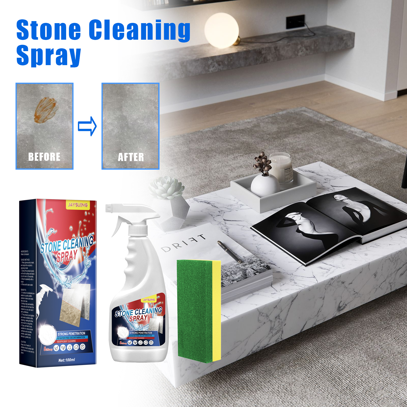 Jaysuing Stone Cleaning Spray, Domestic Kitchen Marble Tile Decontamination Repair Scratch Cleaner_voghion.com