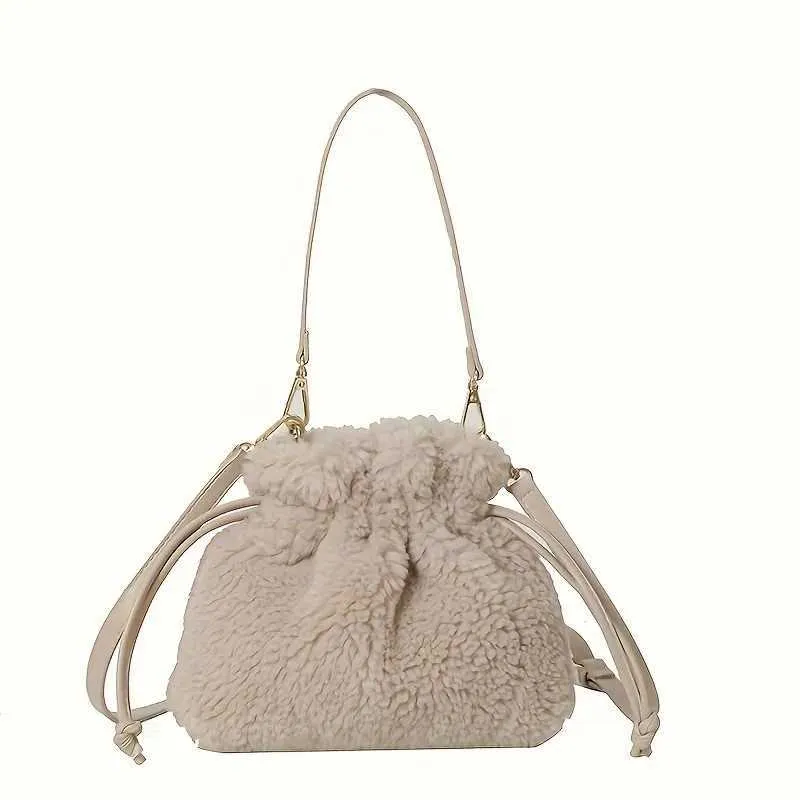 Sac de créateur Mini sac en peluche tendance en forme de croix avec Drstrip - sac seau doux et pelucheux pour femme avec bandoulière amovible en polyester_voghion.com