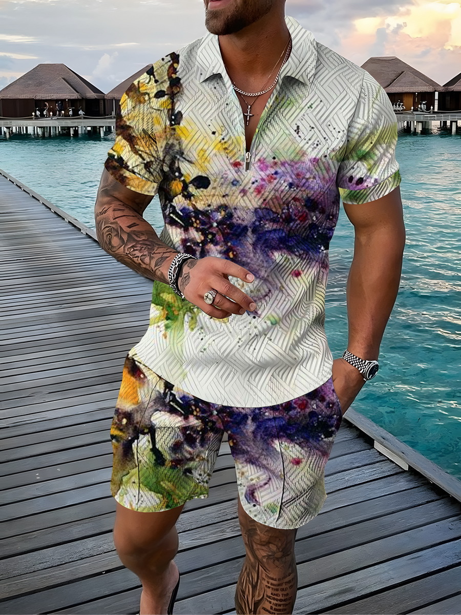 Men's 2pcs, Red Dots Pattern, Trendy Comfy Zip Polo And Plain Drawstring Waistband Shorts Set_voghion.com