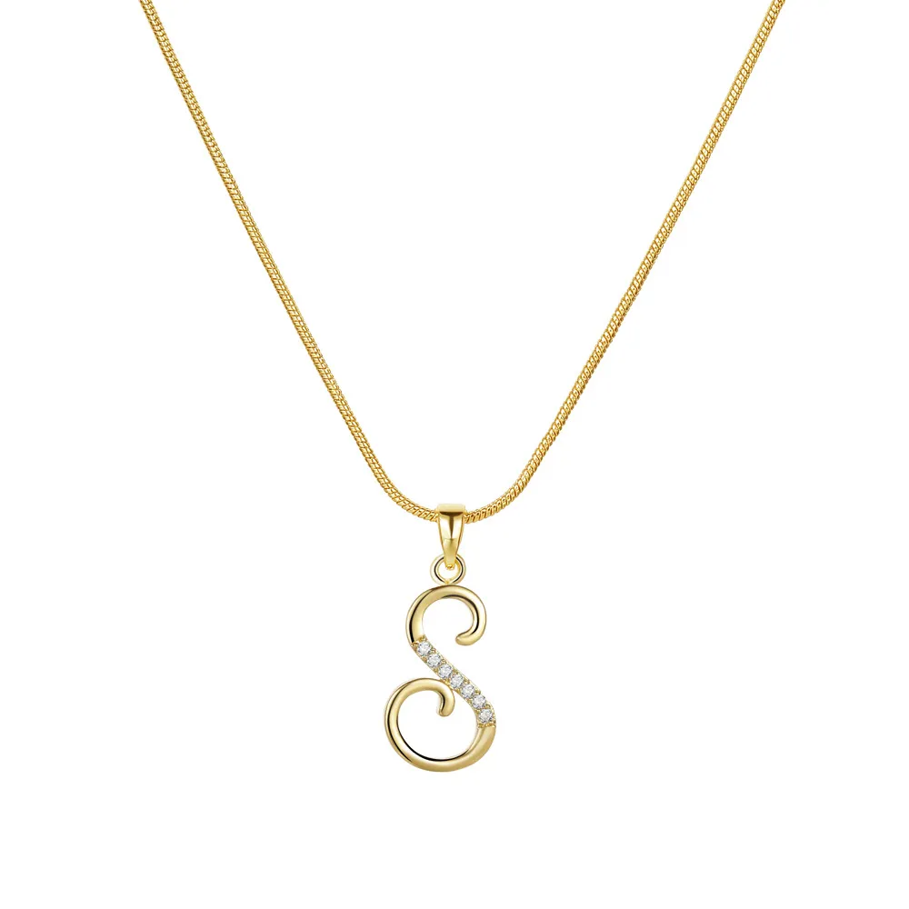 Colliers pendentifs personnalisés CZ A-Z Alphabet Collier Bijoux Plaqué Or Lettre Initiale Cursive Vieil Anglais_voghion.com