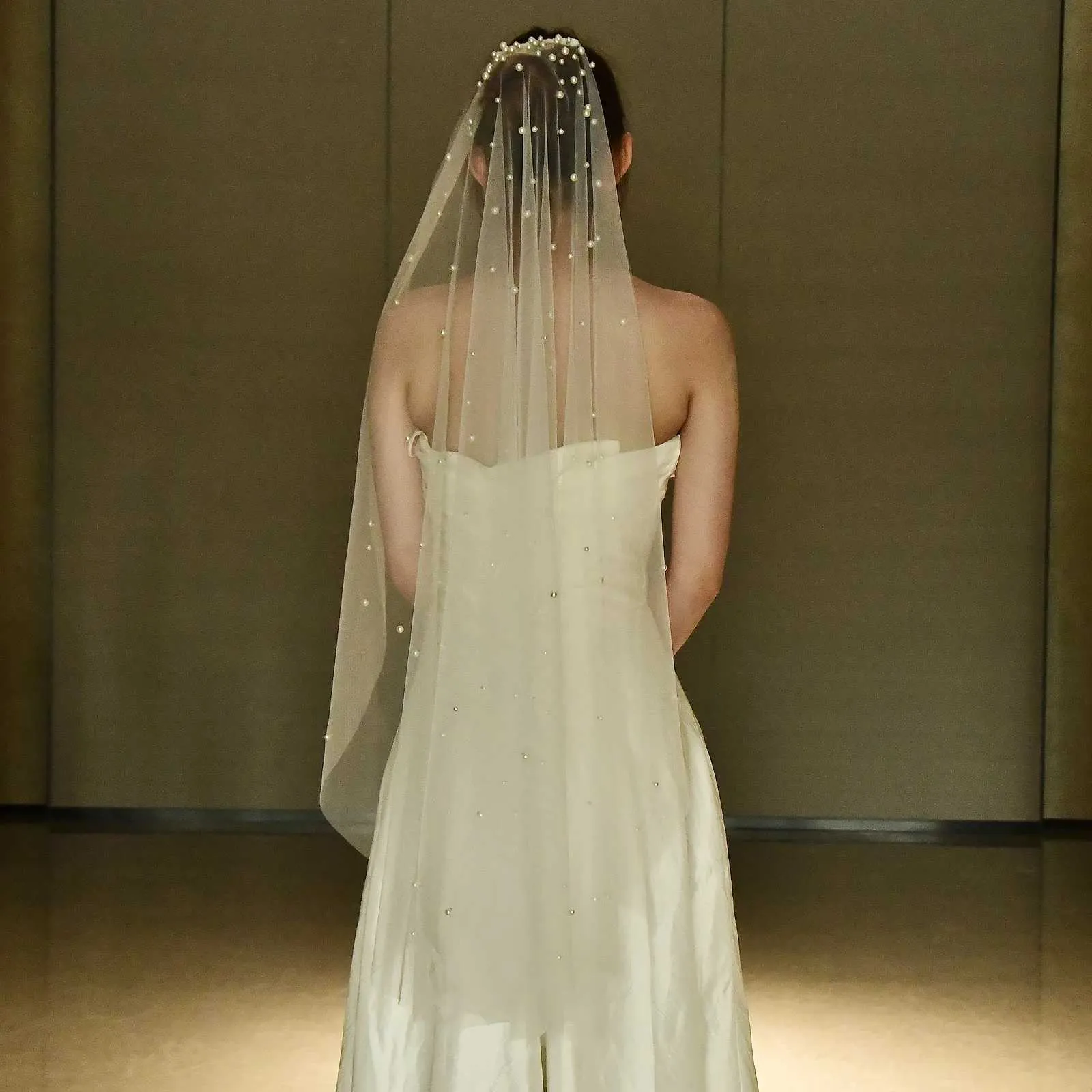 Voile de mariée à un niveau, perles, dégradé, accessoires pour cheveux, mantille de mariage pour église, V180_voghion.com