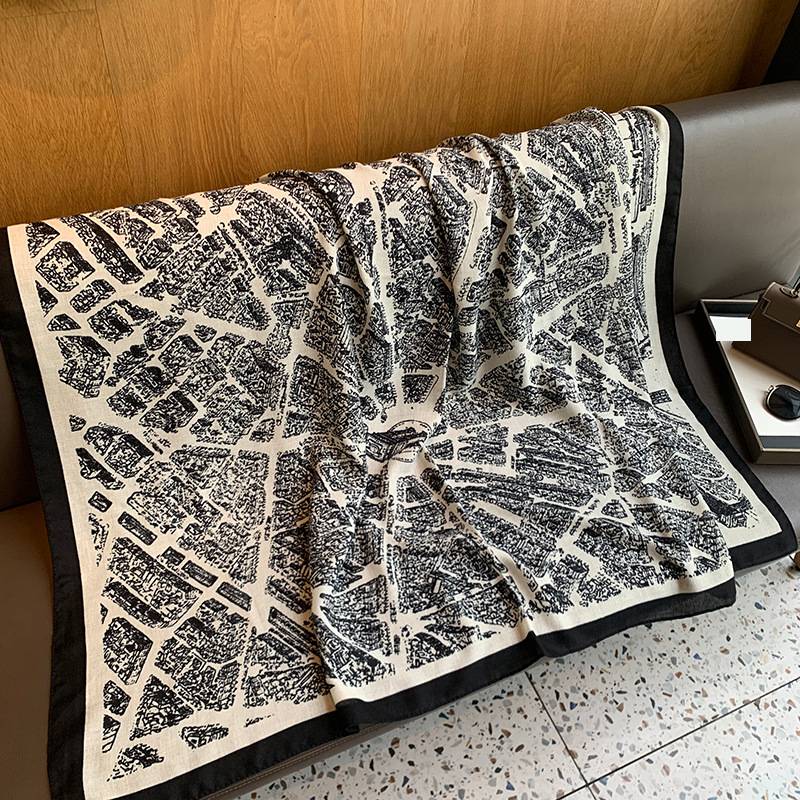 Women's Scarves Retro Black 130cm Large Square Scarf Spring And Summer Cotton And Linen Sunscreen Shawl Outer Wear Dual Purpose Sunscreen Silk Scarf_voghion.com