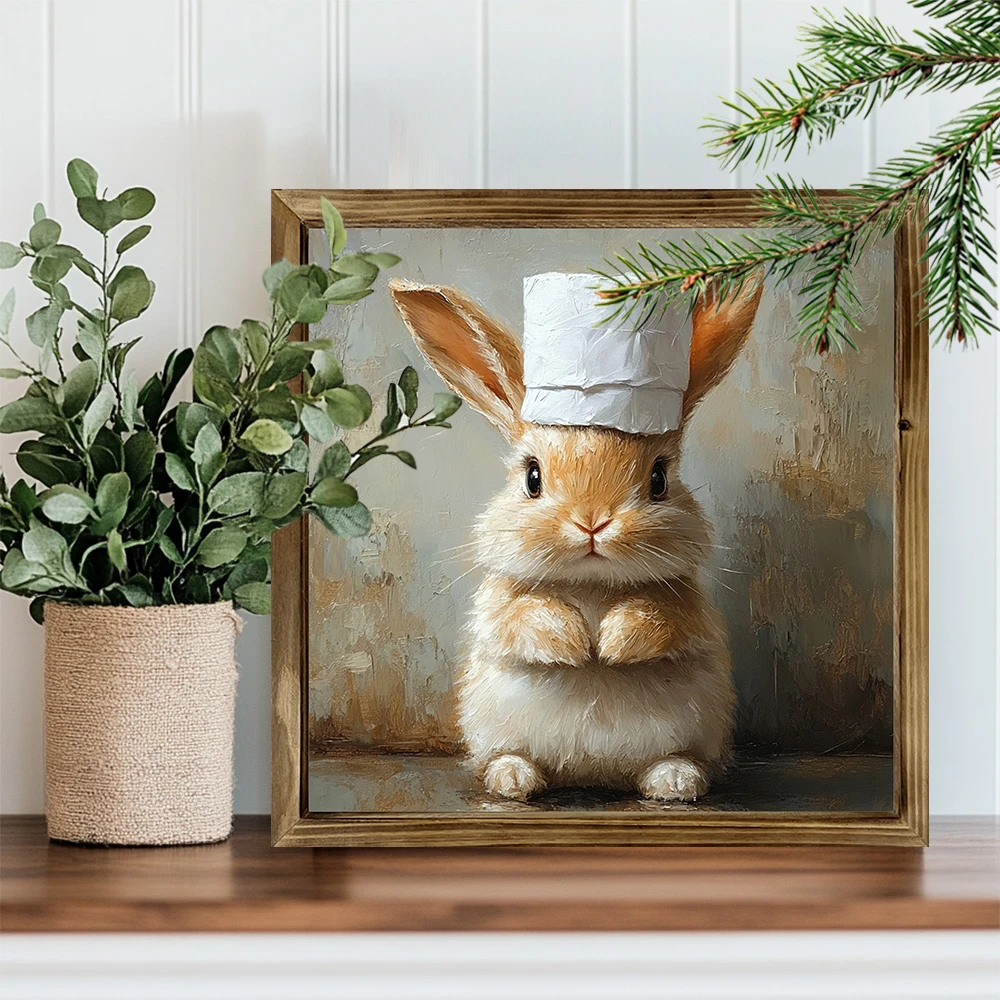 Leikkisä pupu-kokki -puinen kyltti - 8x8" maalaismainen seinätaide. Oikukas sisustuselementti kylpyhuoneisiin, kahviloihin tai pupujen ystävien koteihin._voghion.com