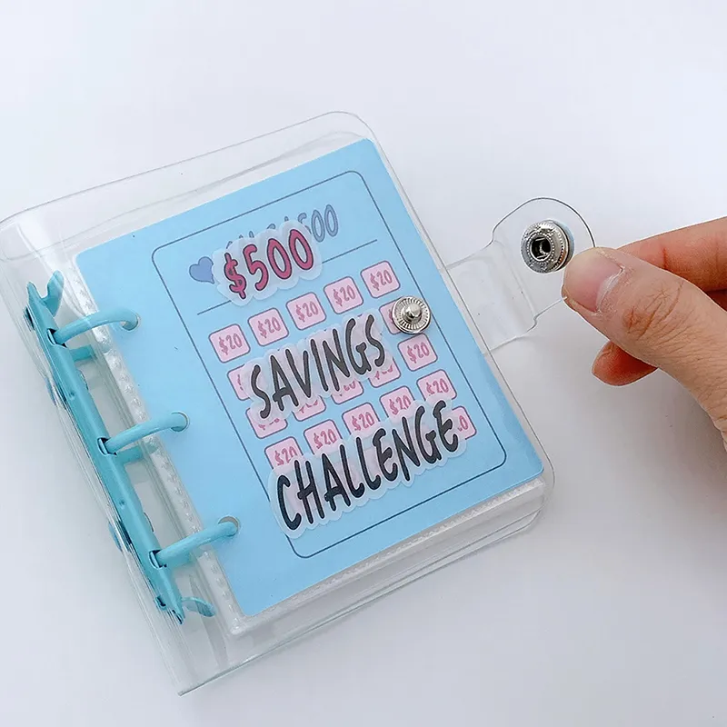 Mini fichário de PVC com fecho de botão para desafio de dinheiro de US$ 1.000, envelope com desafios de economia, livro durável e portátil_voghion.com