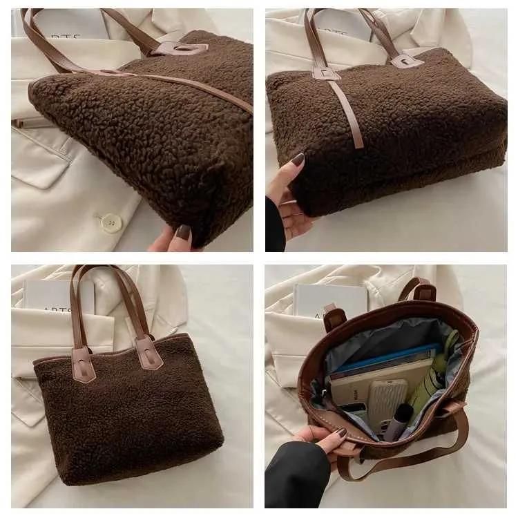 Sac fourre-tout polyvalent en peluche à la mode pour femmes, nouvelle collection, sac à main, couleur unie, décontracté, tempérament généreux_voghion.com