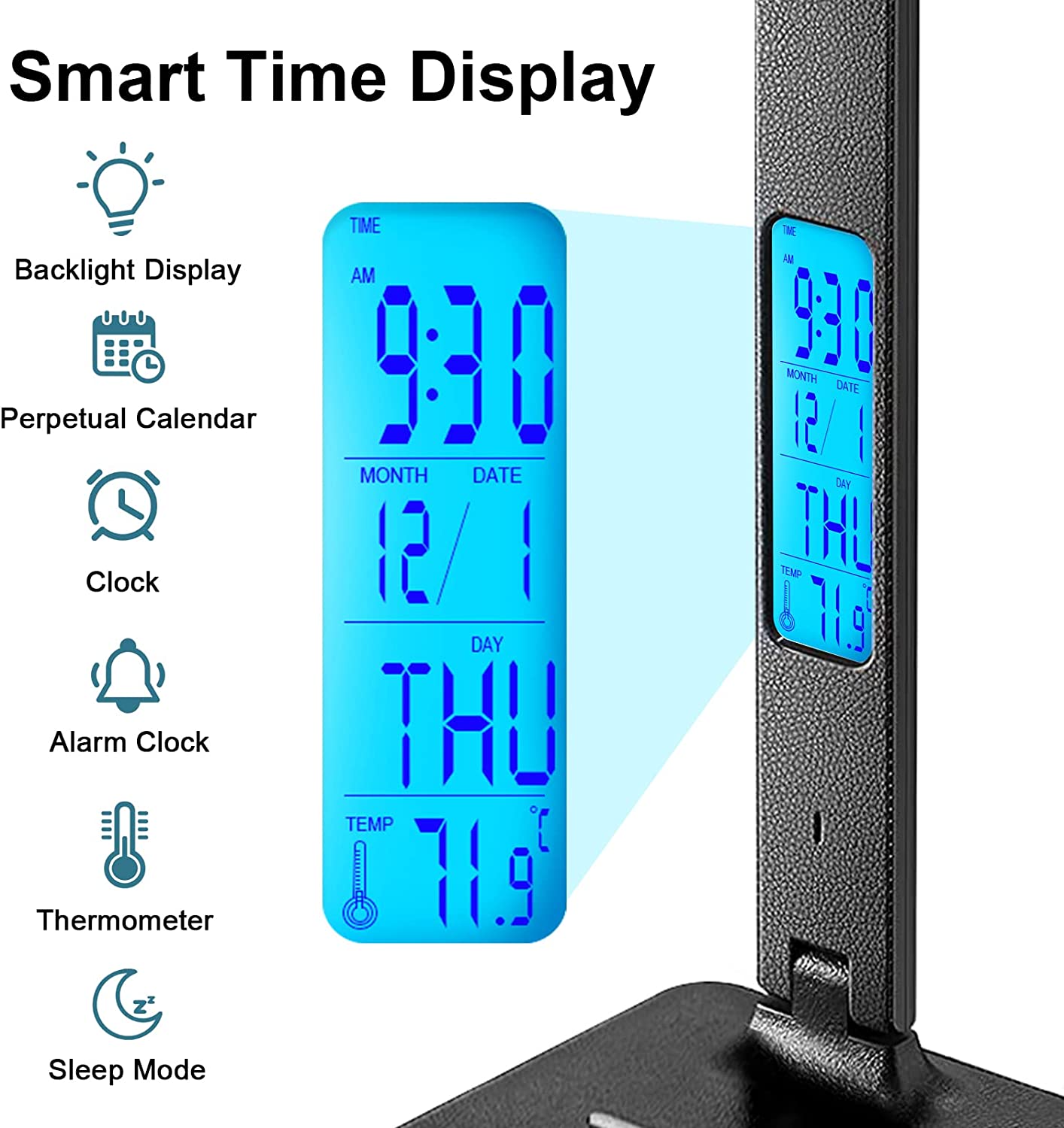 Lampada da tavolo a LED 10W QI Ricarica wireless con orologio Data Sveglia Dimmerabile Protezione degli occhi Lampada da tavolo per lettura per ufficio Studio_voghion.com