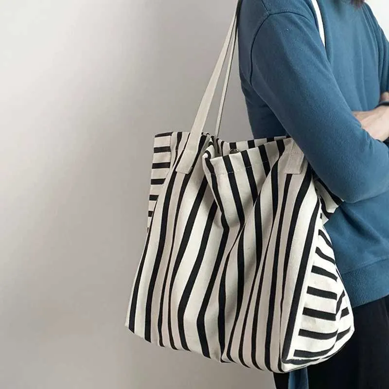 New Beach Handbag Fi Wen Canvas Summer Large Capacity Strip Shopping Bag Y241109_voghion.com