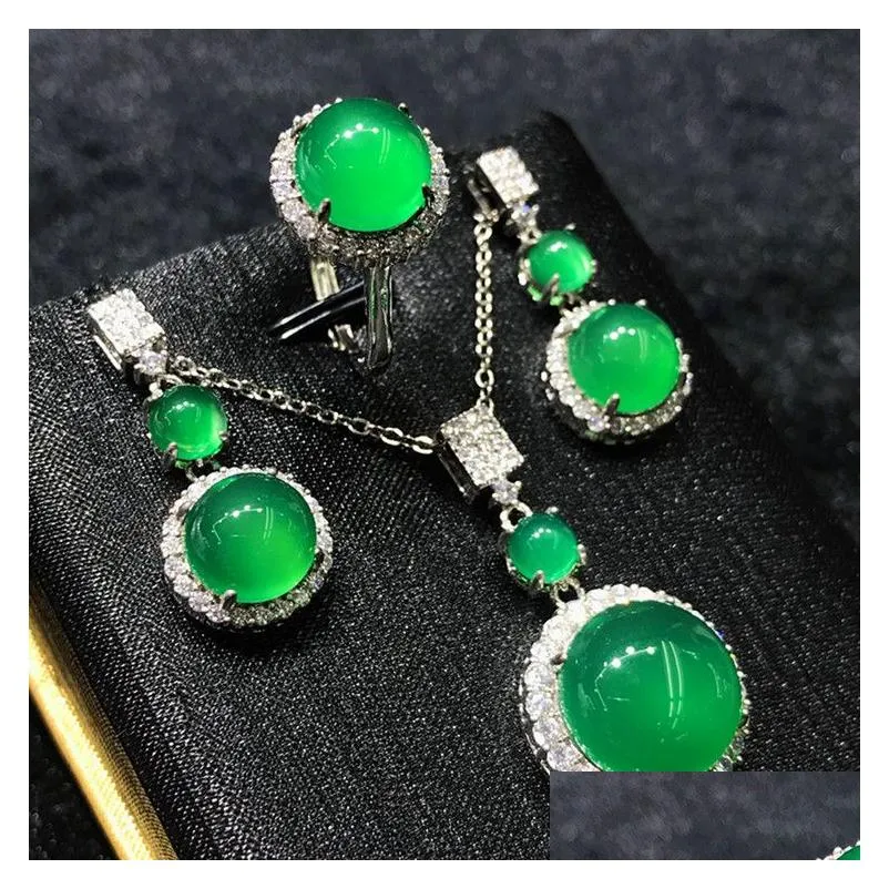 Conjuntos de joyas de boda hechos a mano con jade y diamantes en plata de ley, anillos de compromiso, pendientes y collar para mujer, colgante nupcial_voghion.com