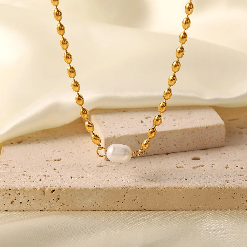 Set collana e bracciale a catena con perle in acciaio donna_voghion.com