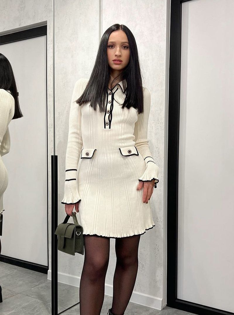 Women's Clothing Ruffled knitted dress long sleeve lapel button earrings_voghion.com