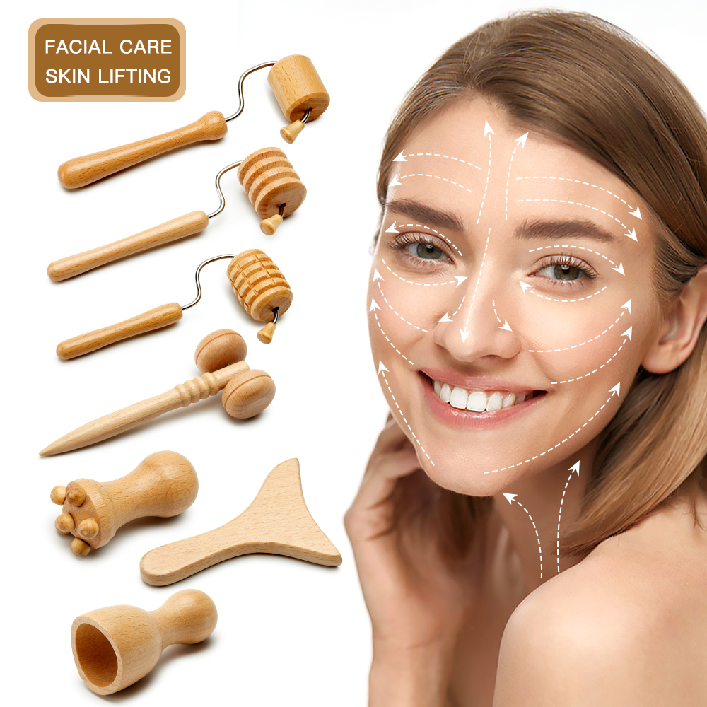 7 pz/set Massaggiatore Viso Spa Maderoterapia Rullo Massaggio Dimagrante Viso Terapia in Legno Gua Sha Bastone Lifting Viso Rimozione Rughe_voghion.com