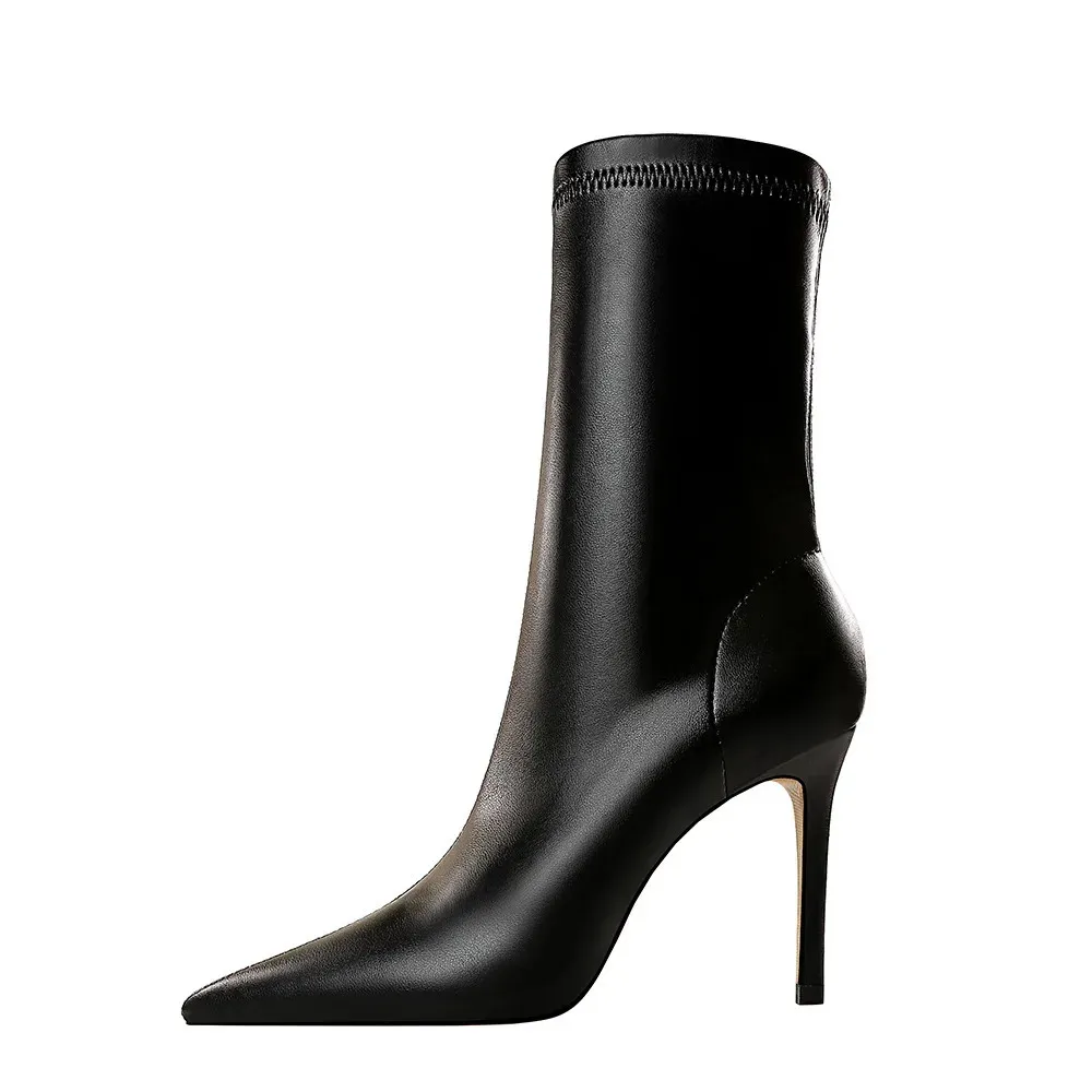Women 75cm 10cm High Heels Leather Boots Lady Low Short Ankle Stripper Winter Warm Snow Plush Pointed Toe Shoes 240624_voghion.com