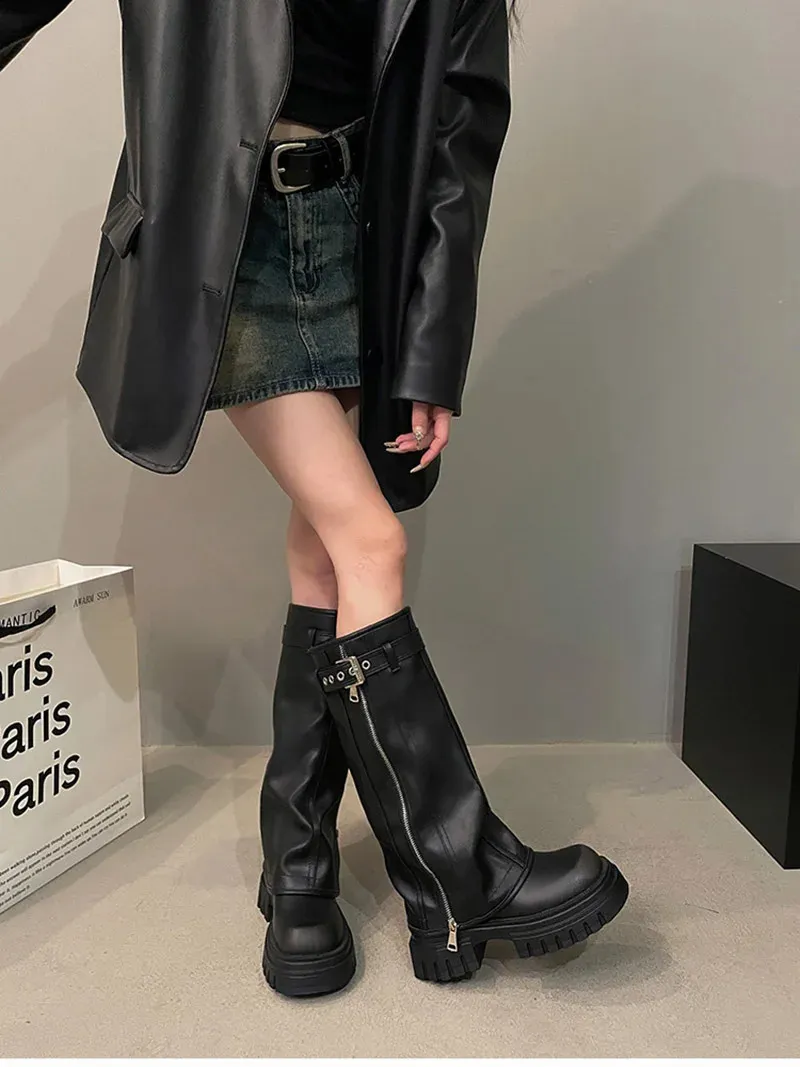 Damenmode Stiefel Winter Biker Gürtelschnalle Damen Elegante Plattform Lange Rohr Casual Damen Kniehohe Booties 2_voghion.com
