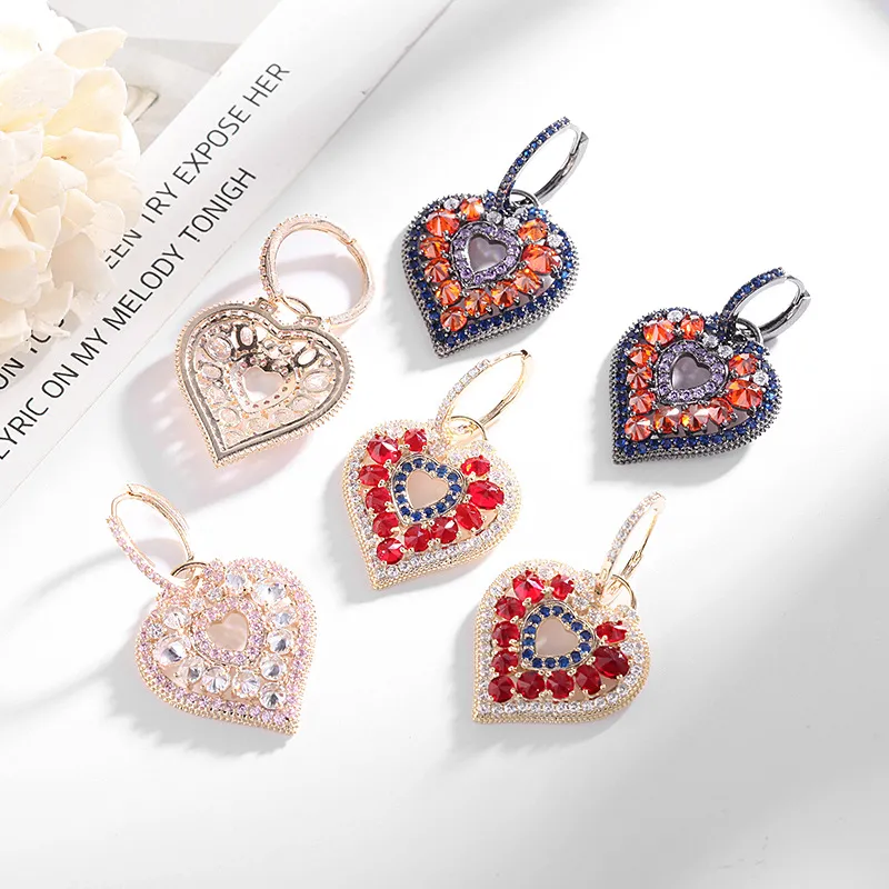 Shaped Earring Retro Colored Micro Inlaid Zircon Geometric Women's Fashion Heavy Industry Peach Heart Earrings Designer_voghion.com