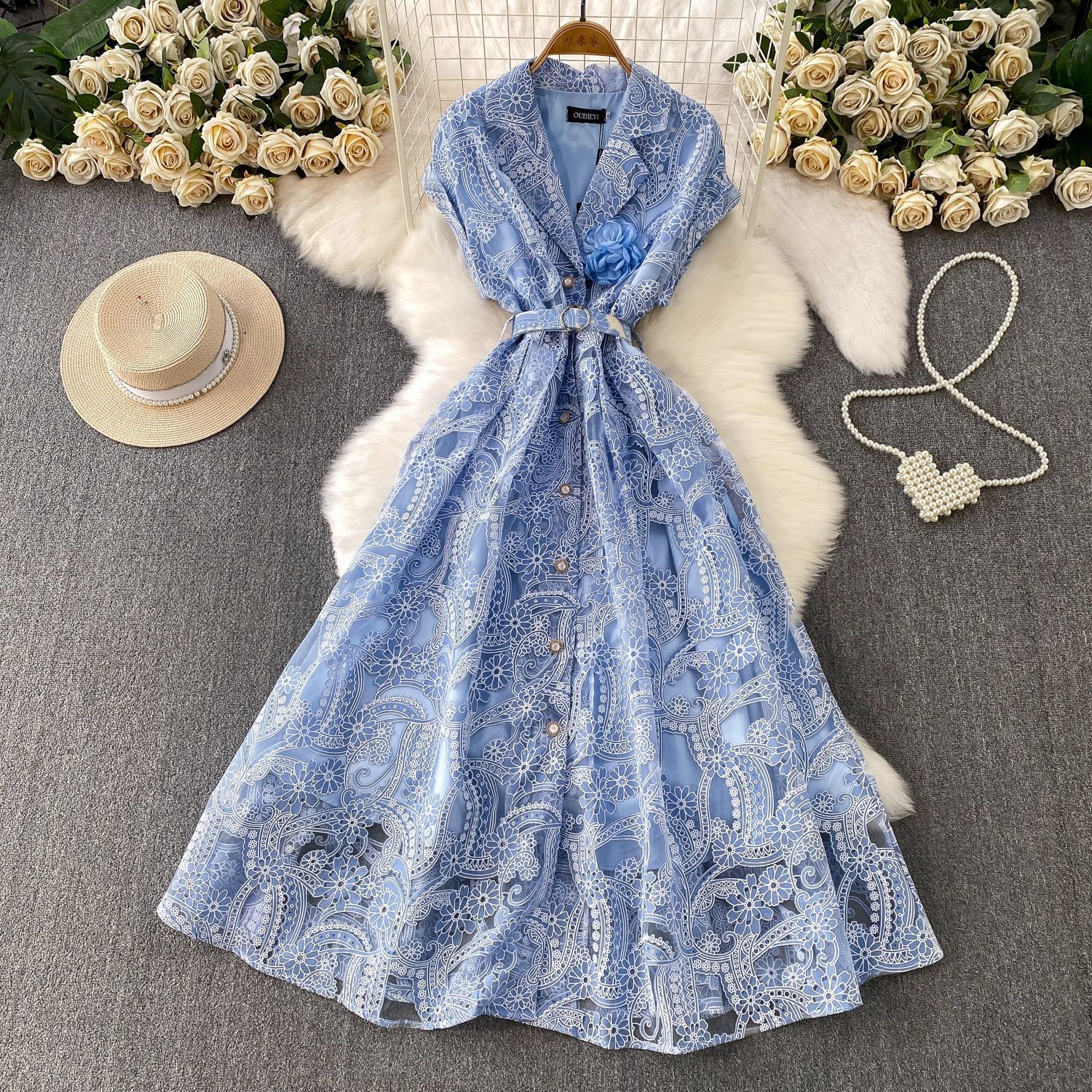 Women’s French Resort Style Floral Suit Collar Dress Heavy Lace Embroidery Button Down Waist Elegant Long Dress For Autumn Winter
