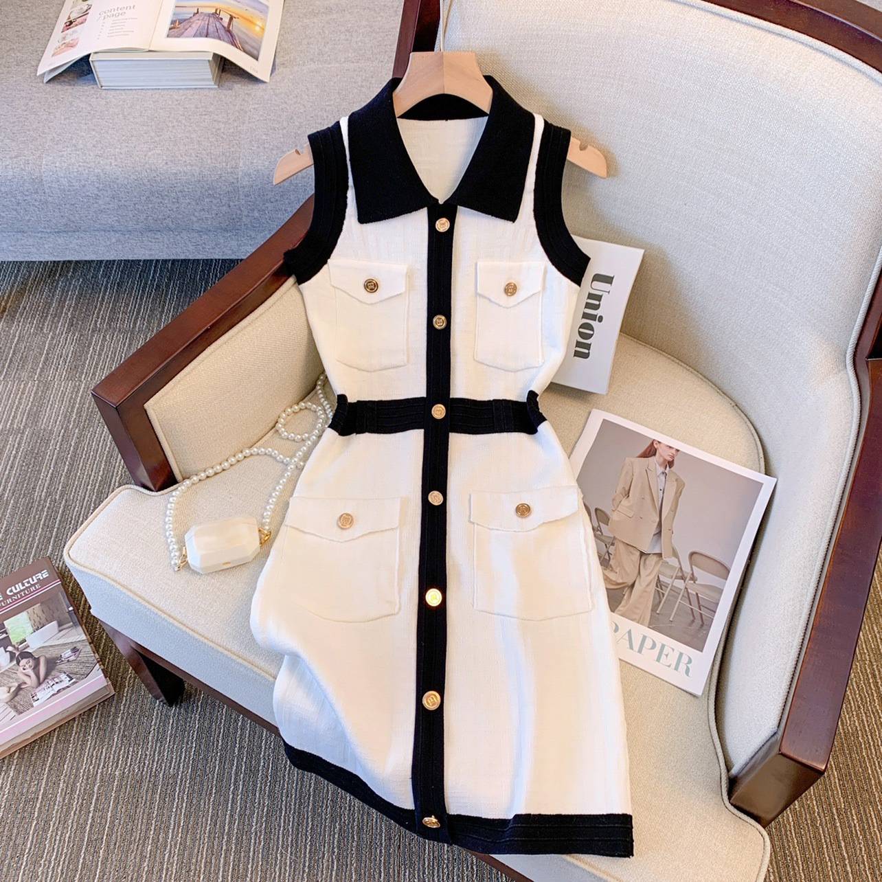 Women's Sale Big Brand Cut Label Polo Collar Sleeveless Knitted Dress Female Temperament Black And White Color Matching Hip Skirt