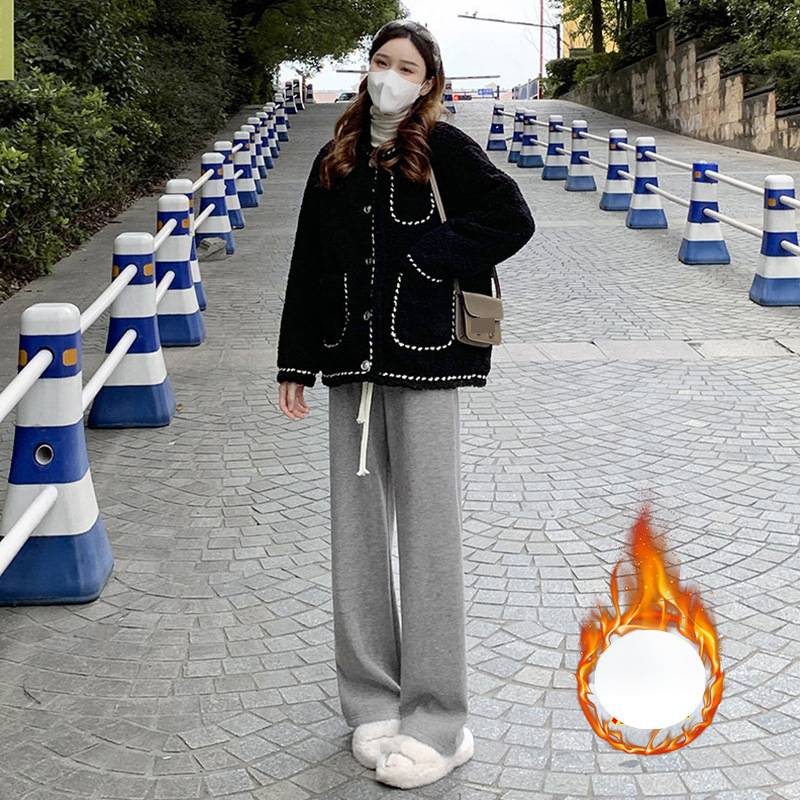 Pantalon tricoté rose imitation cachemire pour femme, automne et hiver, velours épais, taille haute, drapé, ample, décontracté, droit, jambes larges_voghion.com