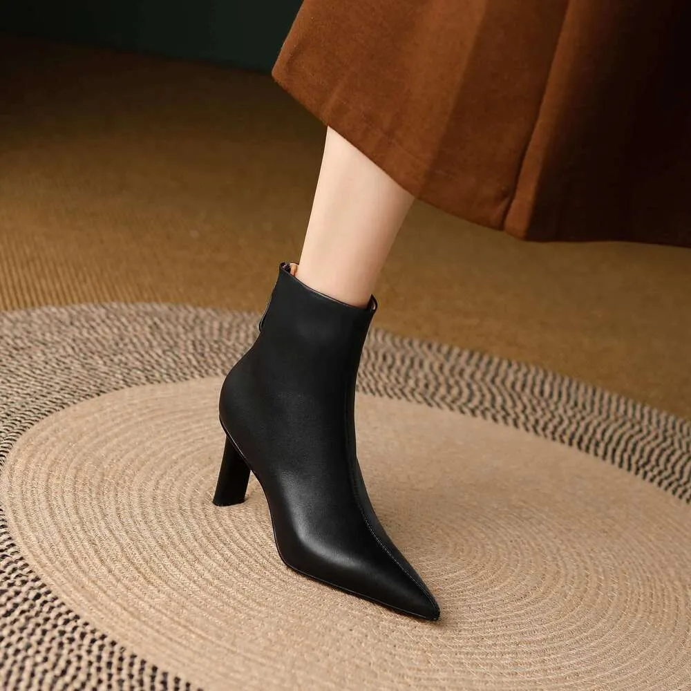 Cow Leather Pointed Toe High Heels Zipper Modern Warm Winter Shoes Concise Fashion Solid Elegant Ankle Boots_voghion.com