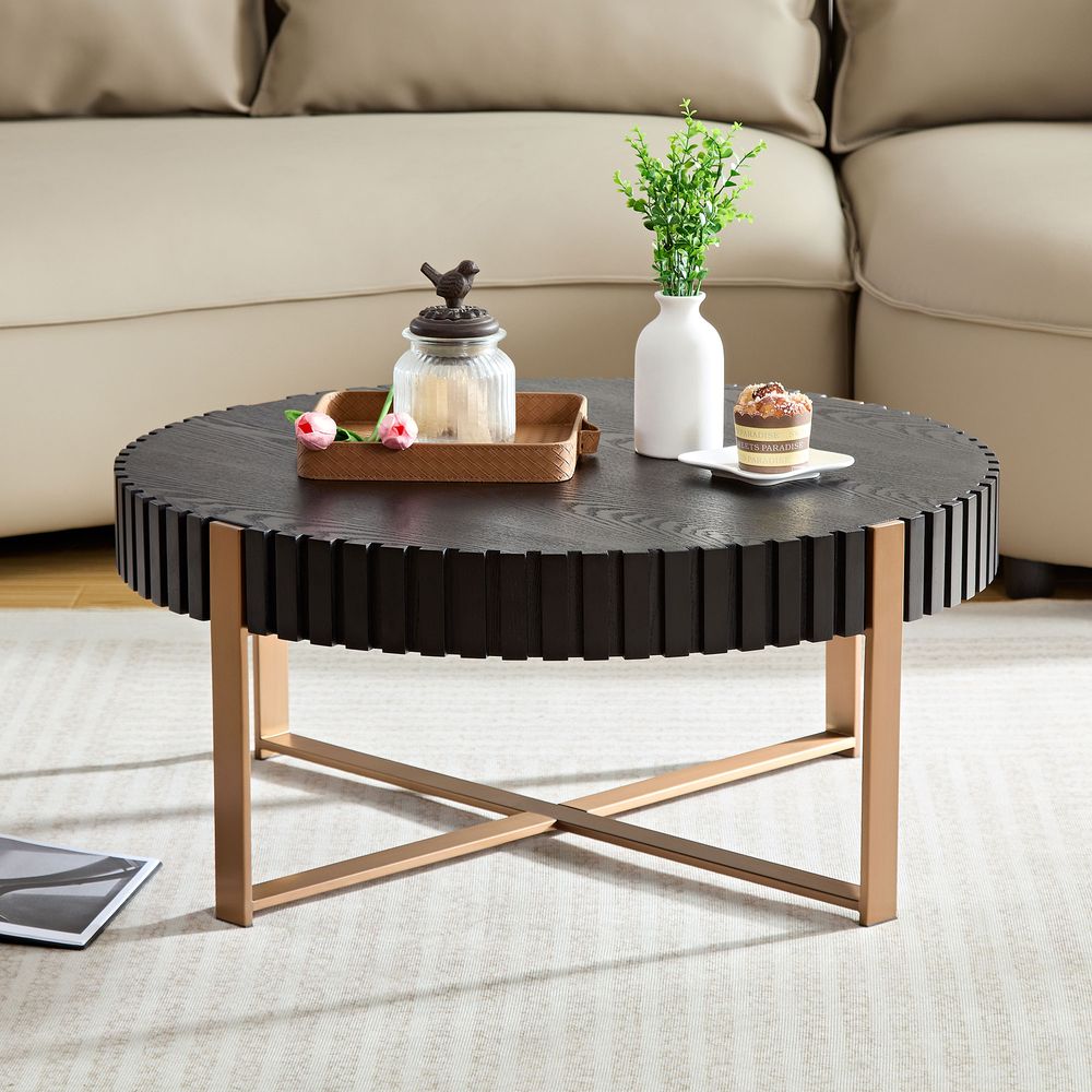 Modern Handcraft Drum Coffee Table 31.5 Inch Round Coffee Table For Living Room,Small Coffee Table With Sturdy Pedestal_voghion.com