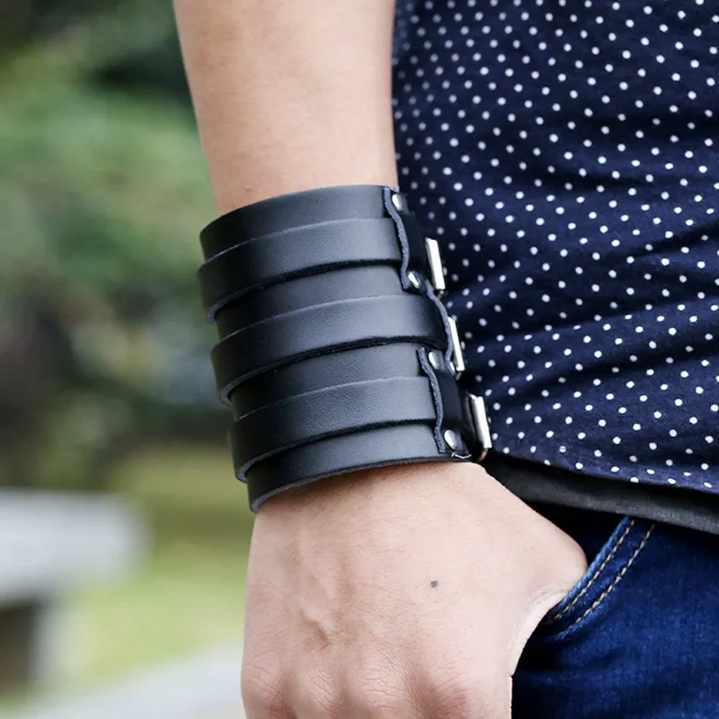 Wide Leather Cuff Bracelet With Punk Style Rivet And Studs_voghion.com