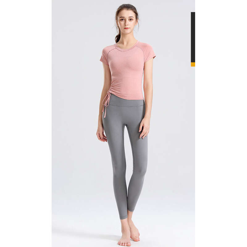 Neu Laufen Fitness T-shirt Kordelzug Slim Fit Schnell Trocknend Sportswear Yoga Anzug Top frauen Kurzarm_voghion.com