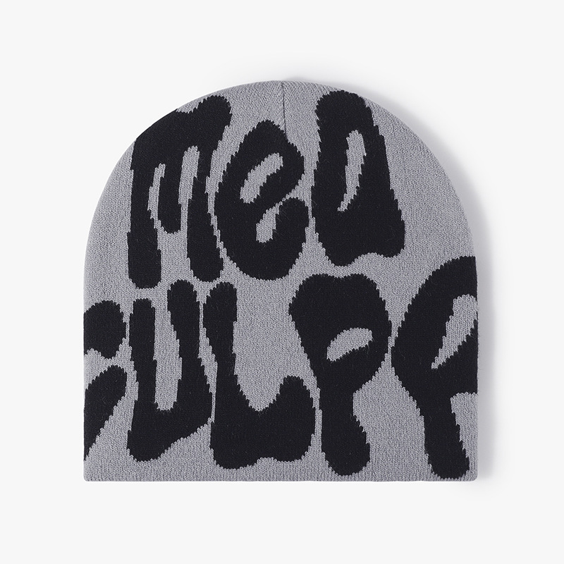 Bonnet tricoté universel pour hommes et femmes en jacquard avec lettres européennes et américaines, chapeau en laine chaud d'extérieur, chapeau froid sans bord personnalisé_voghion.com