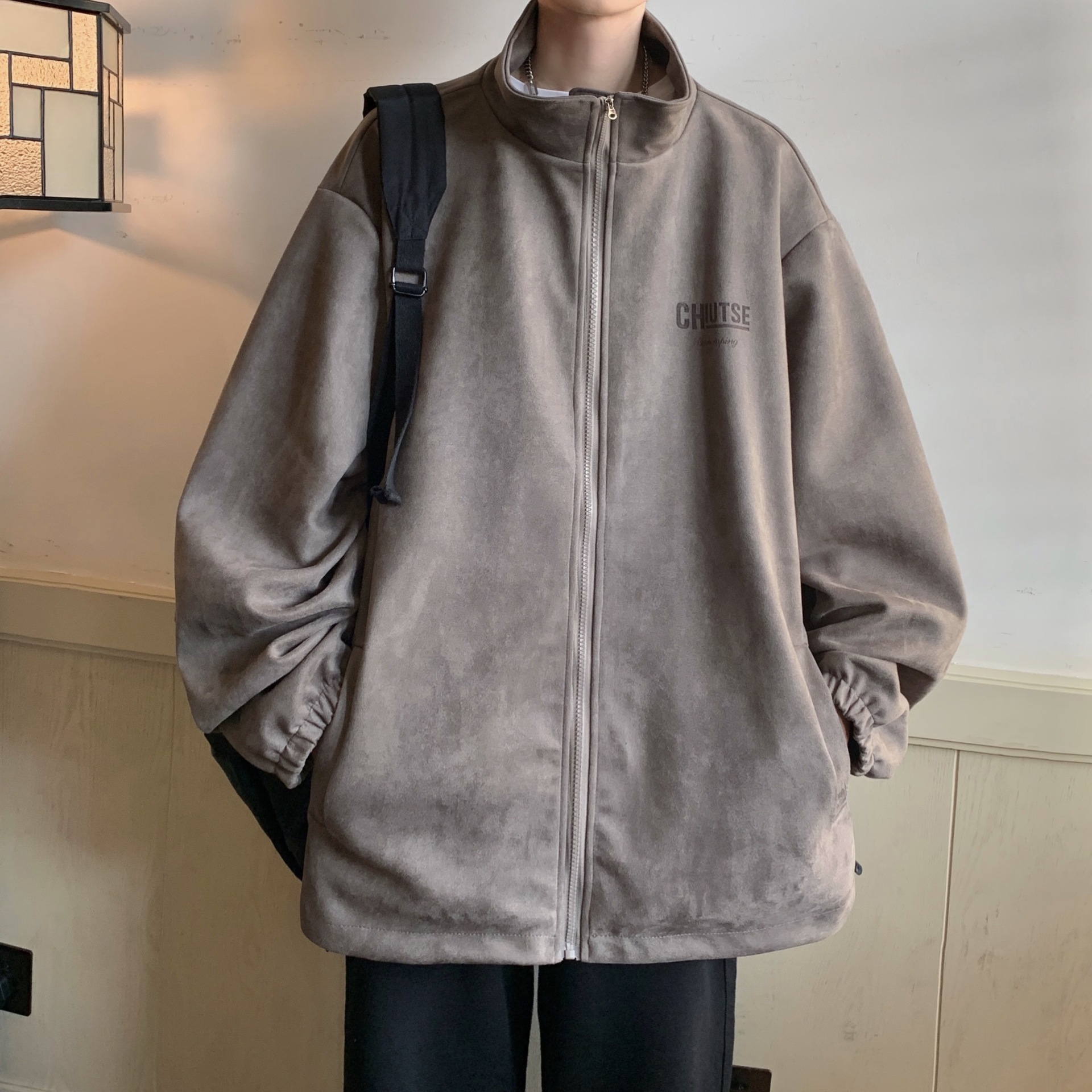 American Heavy Deerskin Fleece Jacket Men's Loose Bomber Jacket Lapel Couple_voghion.com
