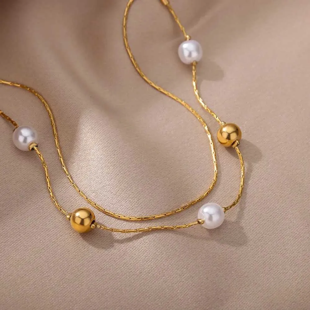 Bangle Stainless Steel Gold Color Pearl Bracelets For Women Fashion Geometric Double Chain Bracelet Party Jewelry Gift_voghion.com