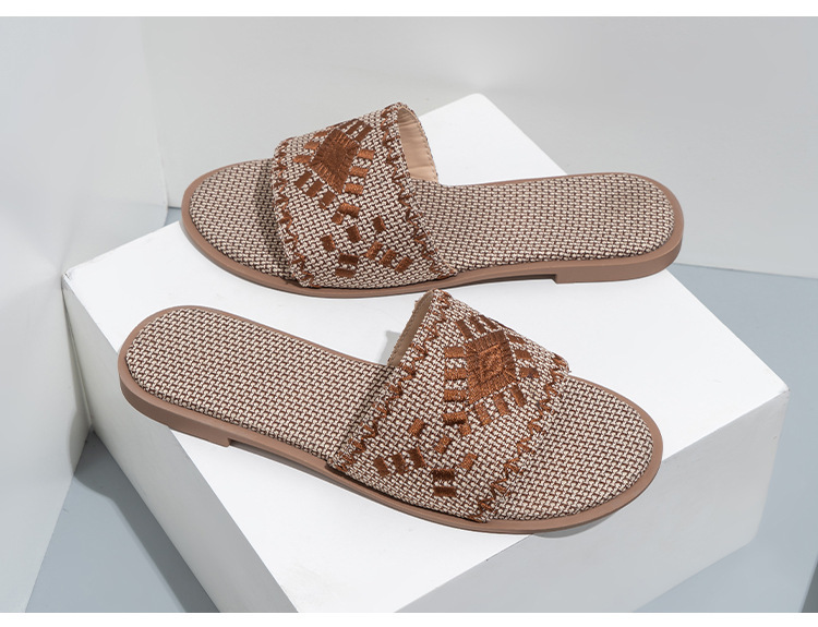 Cfxxy-168 dames flats2023 nouvelles pantoufles pour femmes à fond plat brodées tenue décontracté sandales en lin_voghion.com