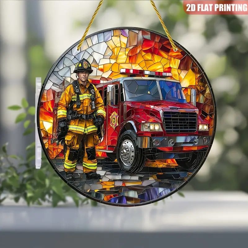 8x8in Firefighter Stained Glass Wall Art - Vibrant Fire Truck Acrylic Decor For Home & Garden - Perfect Gift For First Responders_voghion.com