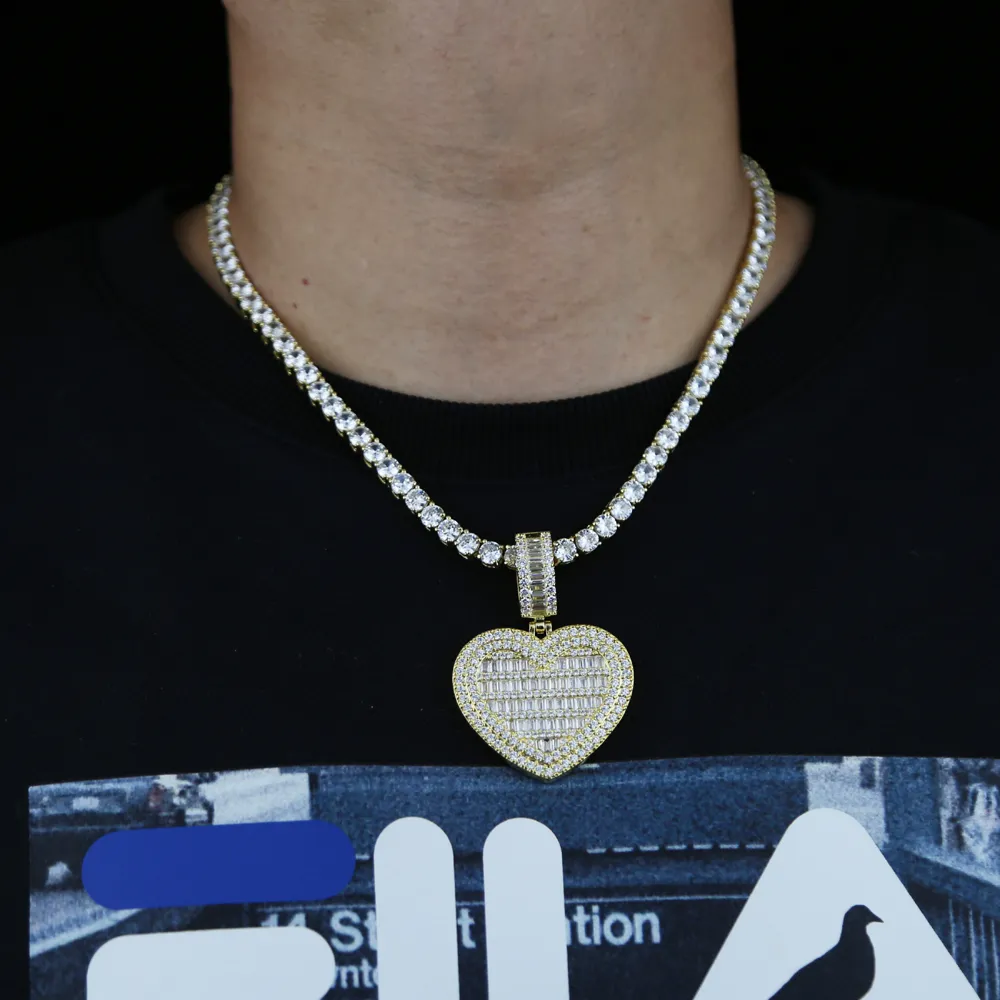 Chains Valentine's Day Gift Women Men Micro Paved 5A Cubic Zirconia Baguette Cz Big HipHop Full Iced Out Heart Pendant_voghion.com